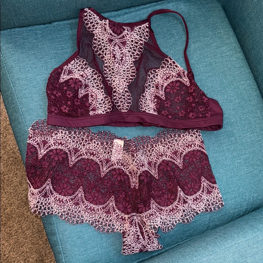 Victoria's Secret Burgundy and Pink Lace Bralette Set